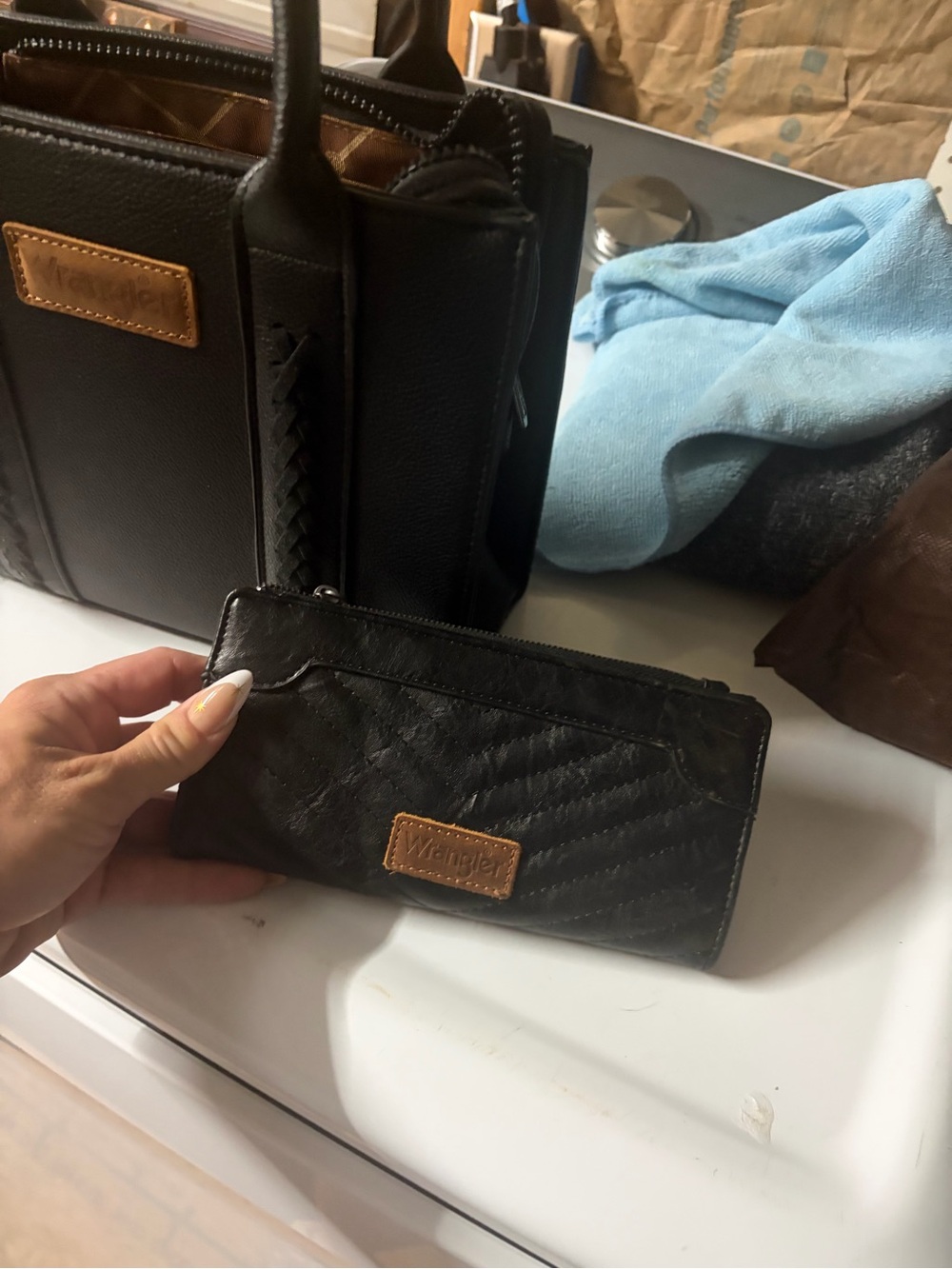 Wrangler Black Quilted Leather Wallet with Tan Logo Patch